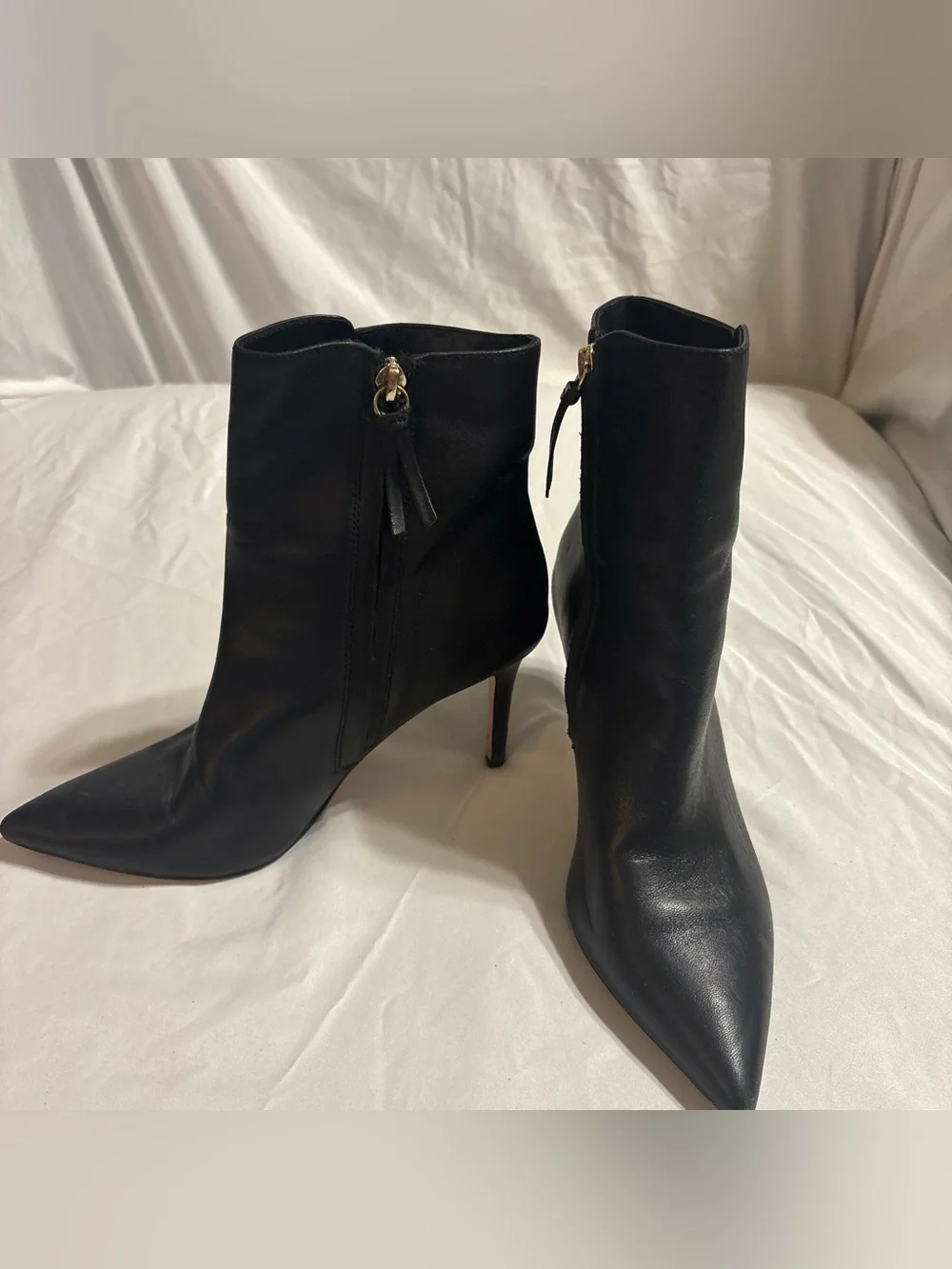 J. Crew Black Leather Pointed-Toe Ankle Booties with Tassel Zipper